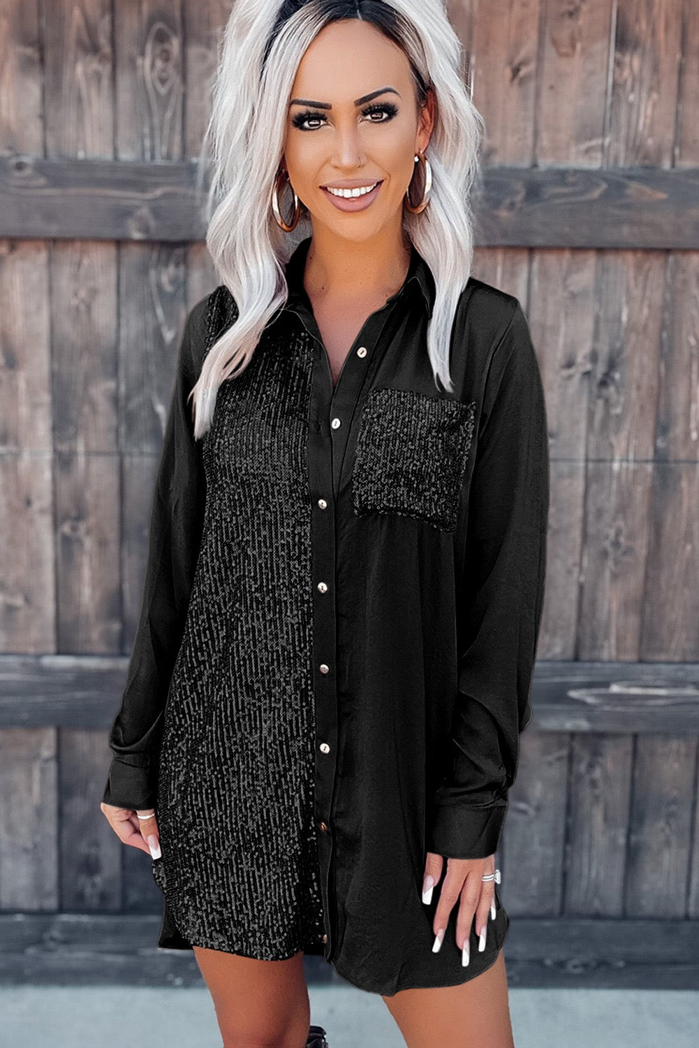 Black Sequin Shirt Dress